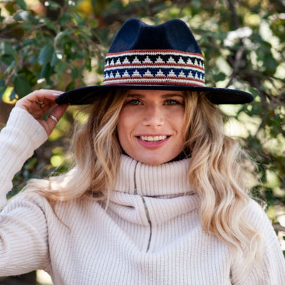 Fedora Wide Brim Hat with Woven Band in Marine